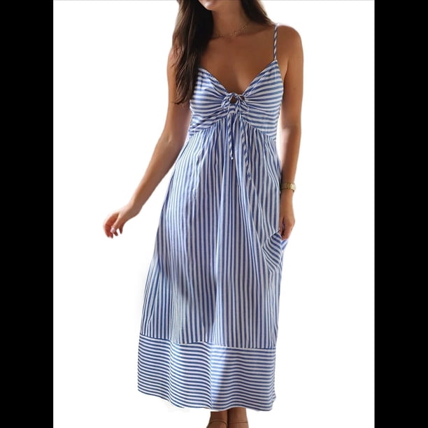 Vestido de Verano con Cuello en V para Mujer, A Rayas, Estilo Bohemio, para Playa, con Tirantes Finos y Lazo en la Espalda. Azul XL