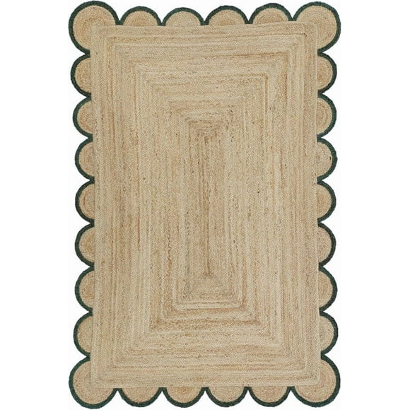 2x16 Ft Green Border Premium Scalloped Jute Rug – Handcrafted Natural Braided Carpet for Living Room, Bedroom, Entryway – Boho Home Decor