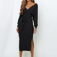 thumbnail image 4 of Arnsht Women's V Neck Long Batwing Sleeve Wrap Midi Knit Sweater Dress Elegant Backless with Belt Slit Black L, 4 of 8