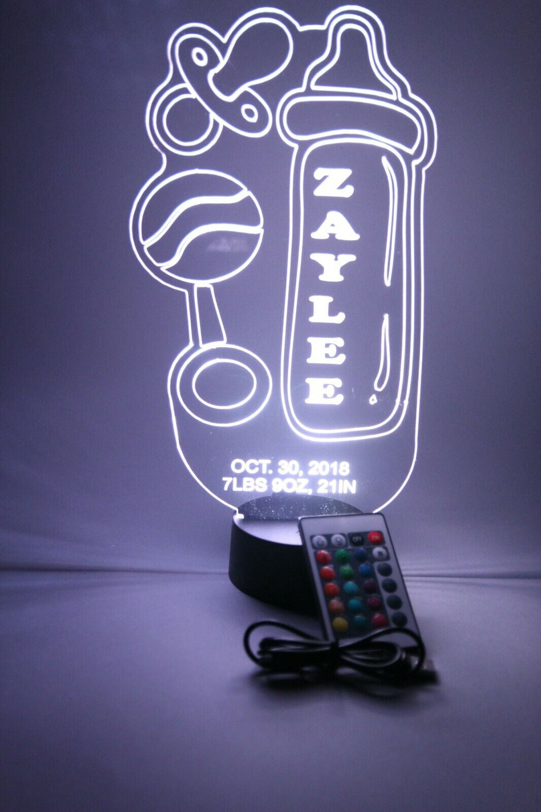 Baby Bottle & Rattle Night Light Up Lamp Personalized LED Nursery Decor Baby Gift LED Free Engraved Custom Name and Birthday With Remote, 16 Color Options, Dimmer, It's WOW, Great Baby Gift