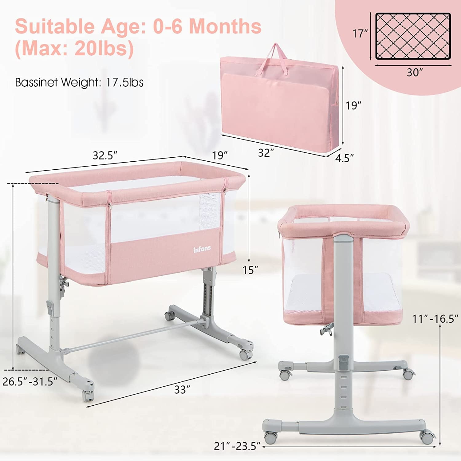 INFANS 3 in 1 Baby Bassinet Bedside Sleeper for Newborn, Folding Crib with Mattress, Travel Bag, Wheels, 4-Sided Mesh, Cradle Co Sleeper Stationary, Rock