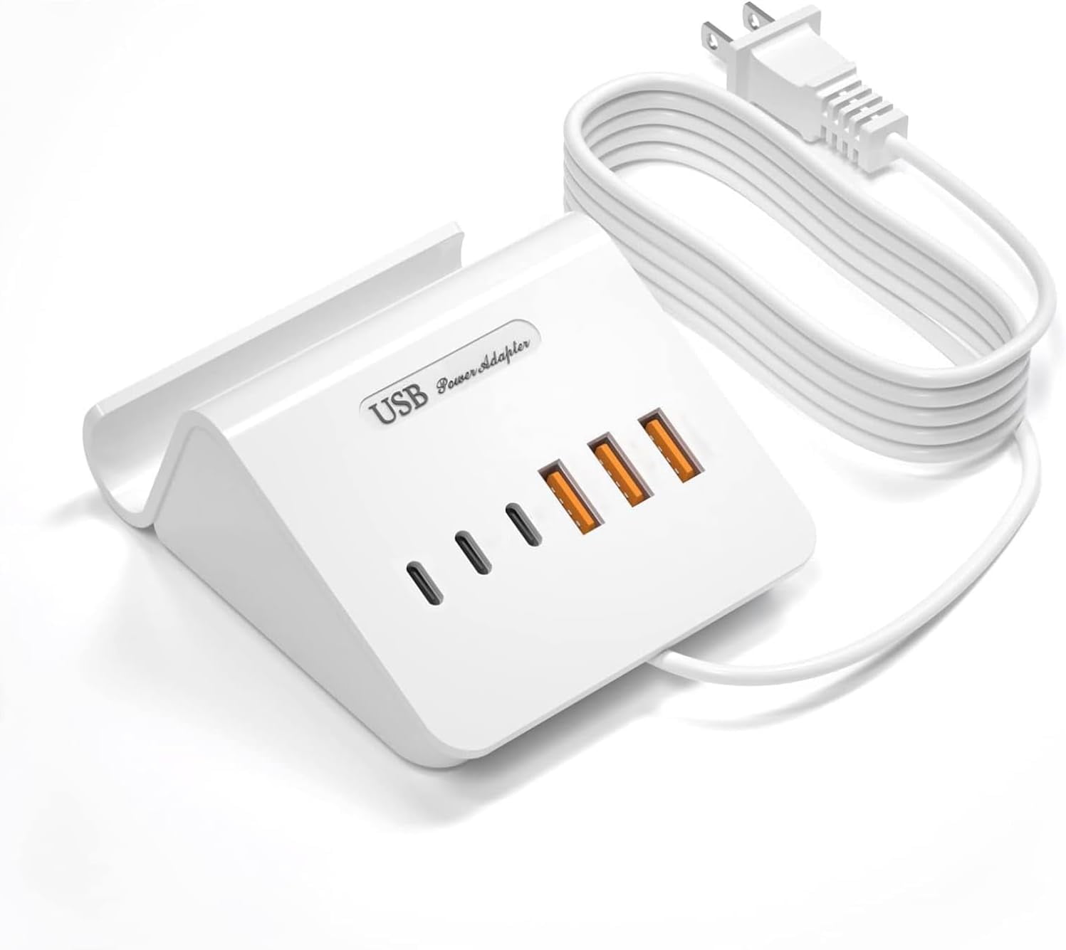 RGHJAR-VHBW USB Charging Station, 6 Port 3USB-A and 3USB-C Charging Station for Multiple Devices, Multi USB Nightstand Charger Station with Phone Stand (ETL Listed, 6Ft Extension Cord, White)