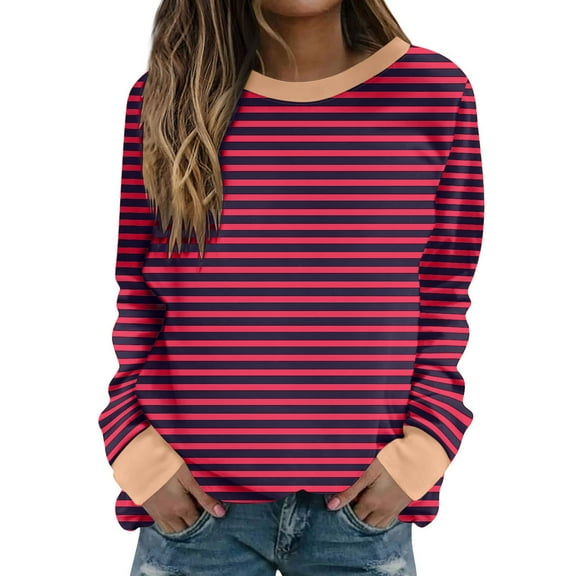 Atogsazn Womens Oversized Striped Sweatshirt Casual Color Block Crew Neck Long Sleeve Blouses Loose Pullover Top Fashion 01-Red XXXL