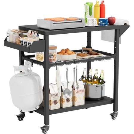 Outdoor Grill Cart with Storage, Movable Pizza Oven Table, Durable Steel BBQ Prep Station, Grill Table for Outside Cooking, Heavy-Duty Outdoor Kitchen Cart with Wheels