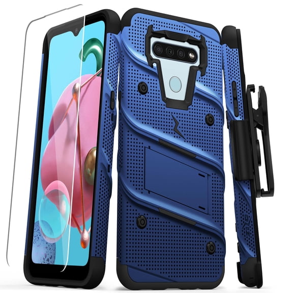 Zizo BOLT Series for LG K51 / LG Reflect Case with Screen Protector Kickstand Holster Lanyard - Blue & Black