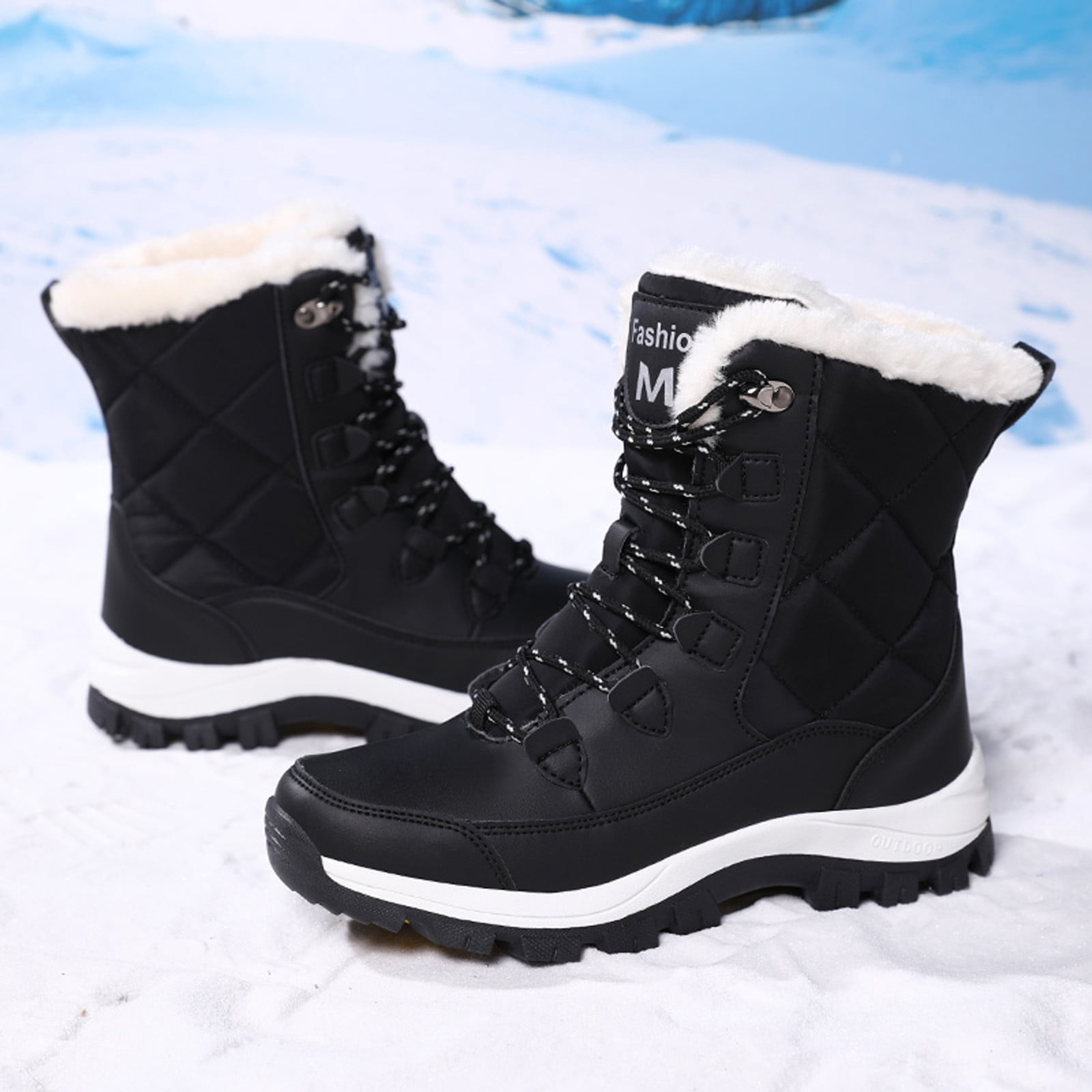 Gyexs Womens Snow Boots Waterproof Insulated, Womens Winter Shoes Wide, Adjustable, Bungee, Hiking, Bump Toe, Outerwear, Black, Size 7