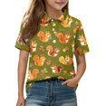 thumbnail image 2 of School Uniforms for Girls Short Sleeve Henley Cute Cartoon Animal Print T Shirts Button Closure Causal Active Polo Shirts, 120, 2 of 5