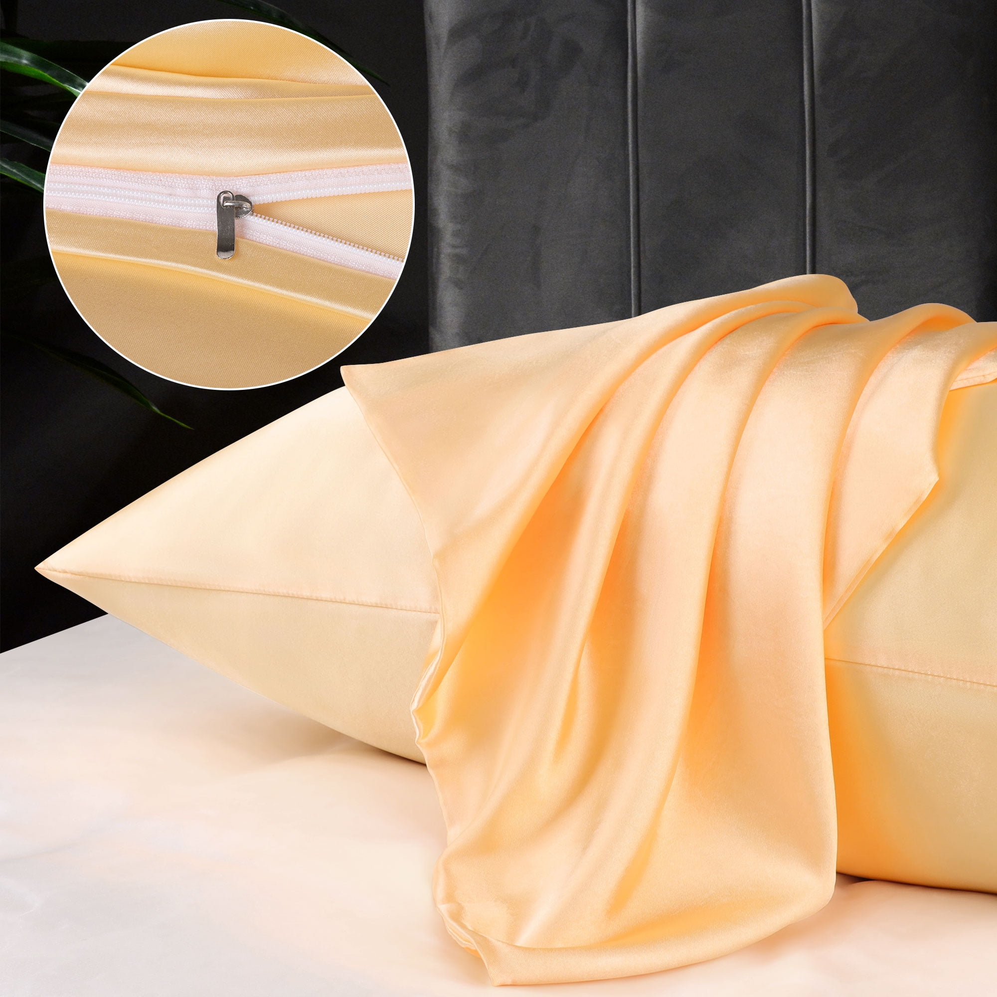 Unique Bargains Satin Set of 2 Zipper Closure Pillowcases Gold 20"x30"