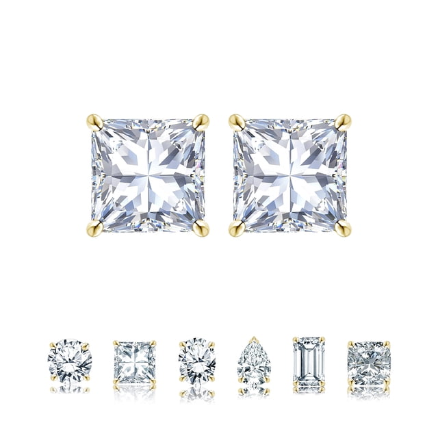 JeenMata Aros Tipo Botón Solitario de 4 Puntas con Moissanita de Corte Princesa de 0,5 Quilates en Baño de Oro Amarillo de 18 K sobre Plata