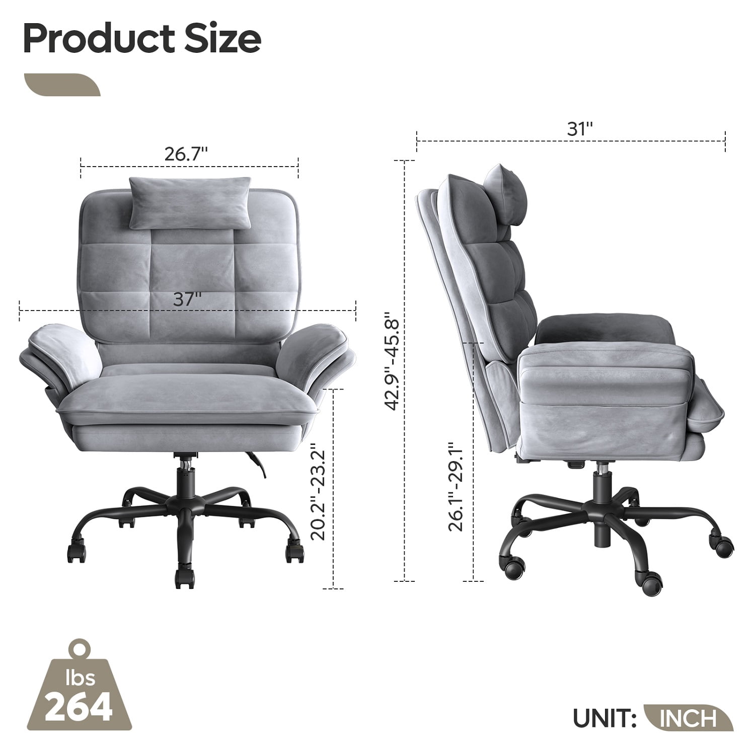 Bestier Big and Tall Executive Office Chair with Flip-Up Arms for Adults, Adjustable Height, Reclining Office Chair with Headrest & Side Pockets in Grey