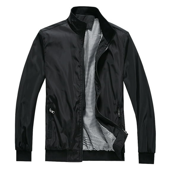 Lu's Chic Men's Light Jacket Long Sleeve Outerwear Full Zip Hoodless Zip Up Casual Windbreaker Dress Bomber Jacket Lightweight Black Medium