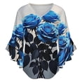 thumbnail image 5 of Romantic Blue Rose Butterfly White And Grey Women's V-Neck Blouse With 3/4 Ruffled Bell Sleeves Casual Top Ladies Blouses, 5 of 7