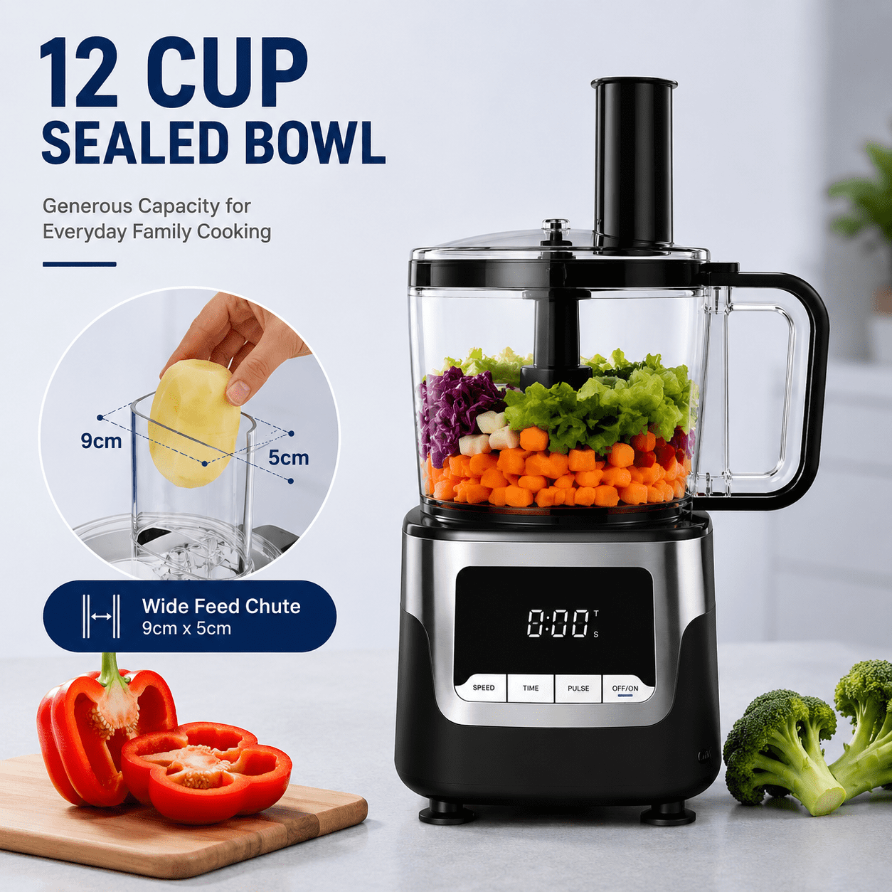 Hicloud Food Processor 12 Cup, Capable of Shredding/Cutting Strips/Slicing/Kneading Dough/Beating Eggs/Mixing, For Mincing Meat or Vegetables, 3-Speed Settings + Pulse