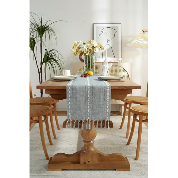 SEARIPE Rustic Table Runner with Tassels, Cotton Linen Boho Table Runner for Party Dining Home Decor Farmhouse Table Runners Gray Blue 13"x108"