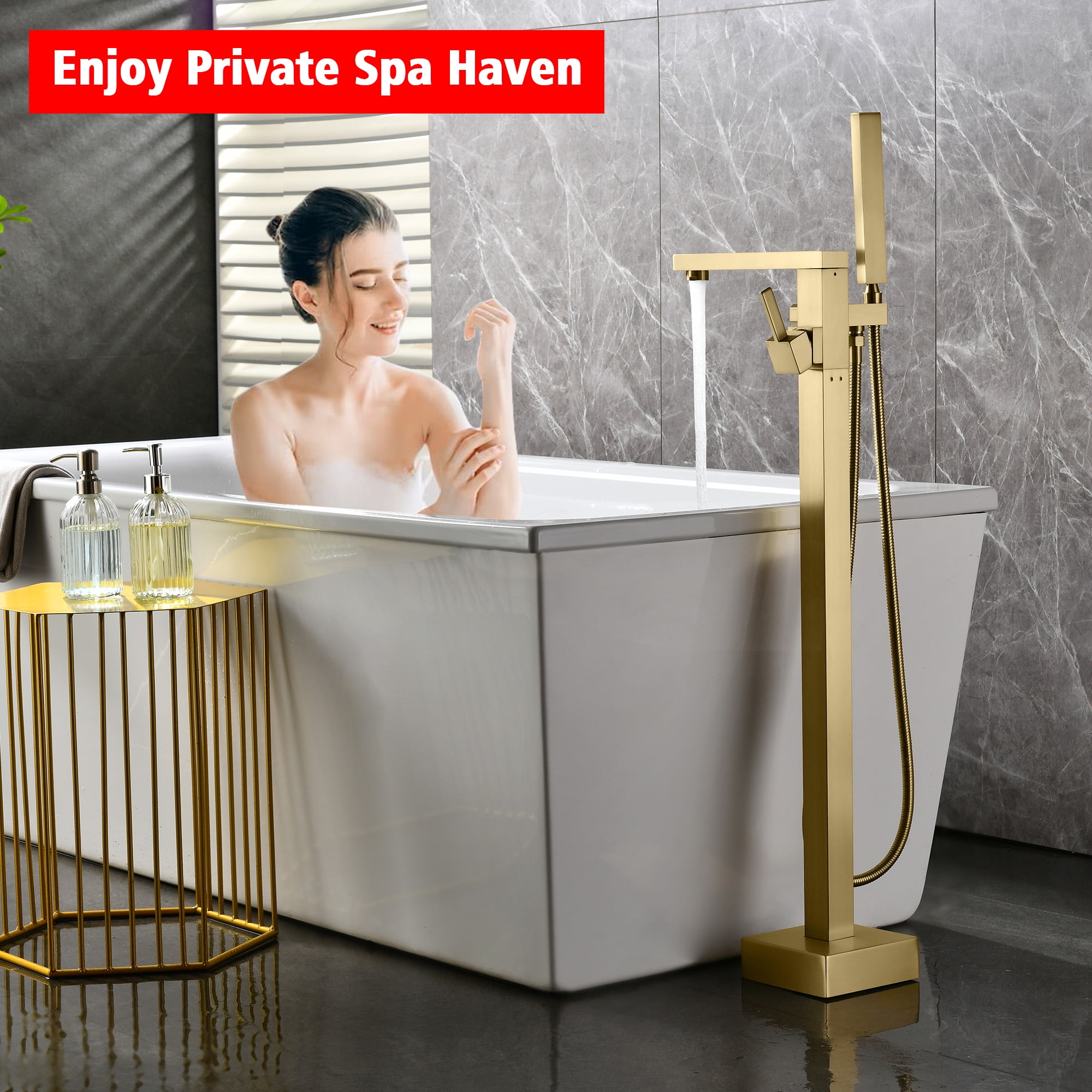 SUMERAIN Brass Floor Mount Bathtub Faucet with Handheld Shower, High Flow Bathroom Freestanding Tub Filler Faucet Brass Single Handle, Brushed Gold