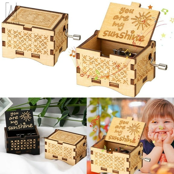 Gustave Hand Crank Music Box, You are My Sunshine Wooden Engraved Musical Case Crafts, Mechanism Antique Carved Musical Box Gifts for Daughter Kids (White)