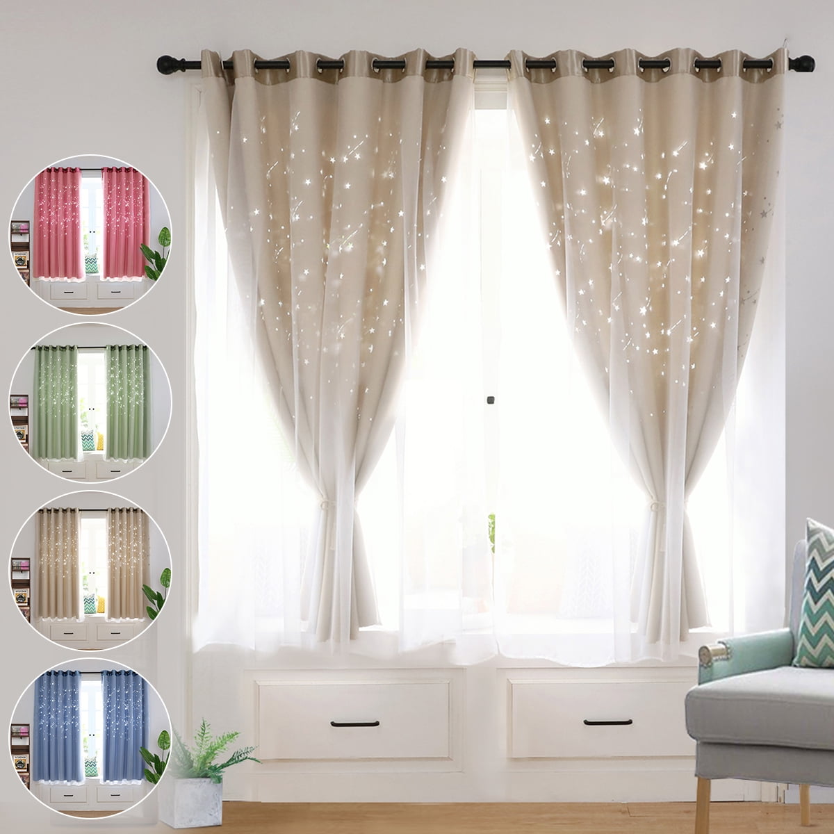 Ring Top Curtain & Mesh Thermal Blockout Curtain for Kids Boys Girls Bedroom USA 