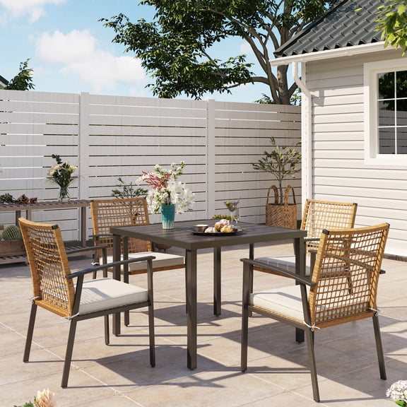 LAUSAINT HOME Patio Dining Set, 5-Piece Outdoor Wicker Furniture with Black Square Table and 4 Brown Wicker Chairs
