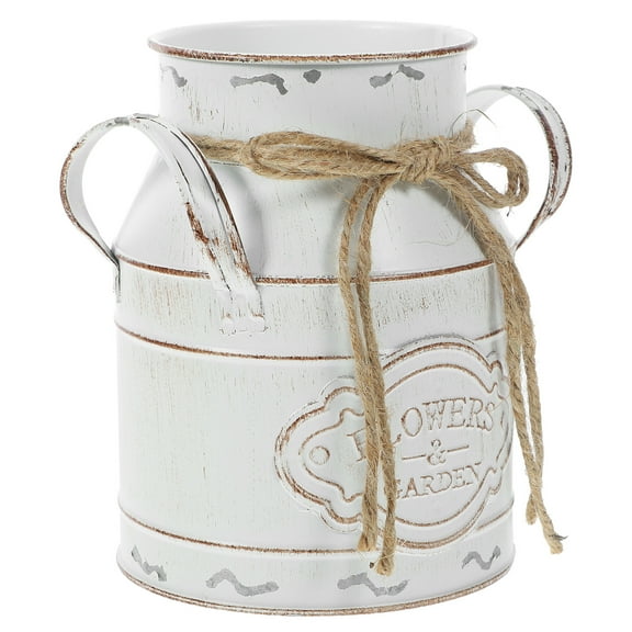 RENACLIPY White Iron Bucket Flower Vase with Handle, Multipurpose Decorative Plant Pot for Indoor Outdoor Use