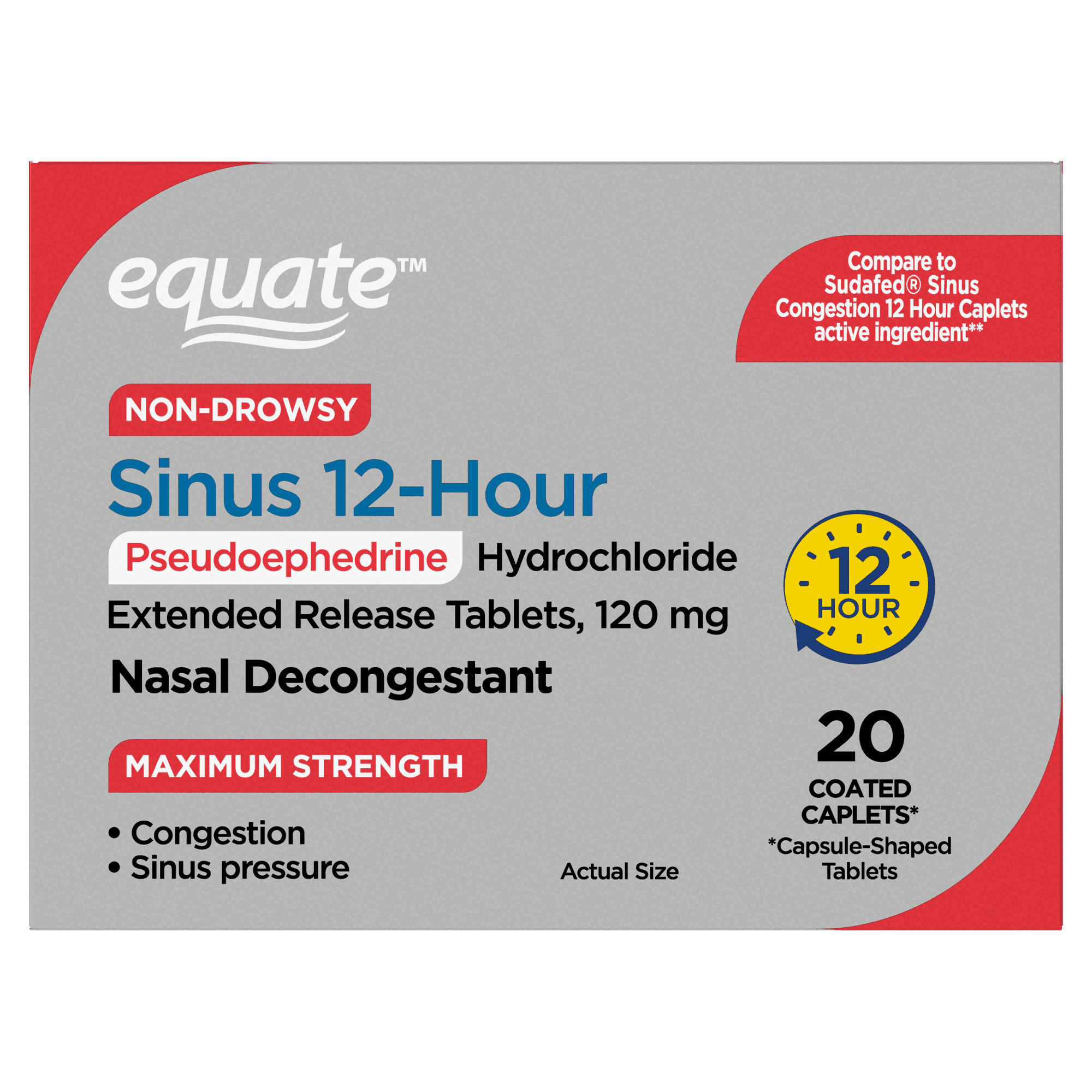 Equate 12 Hour Non-Drowsy Sinus Decongestant Pseudoephedrine HCl Extended-Release Tablets, 120 mg, Maximum Strength, 20 Count