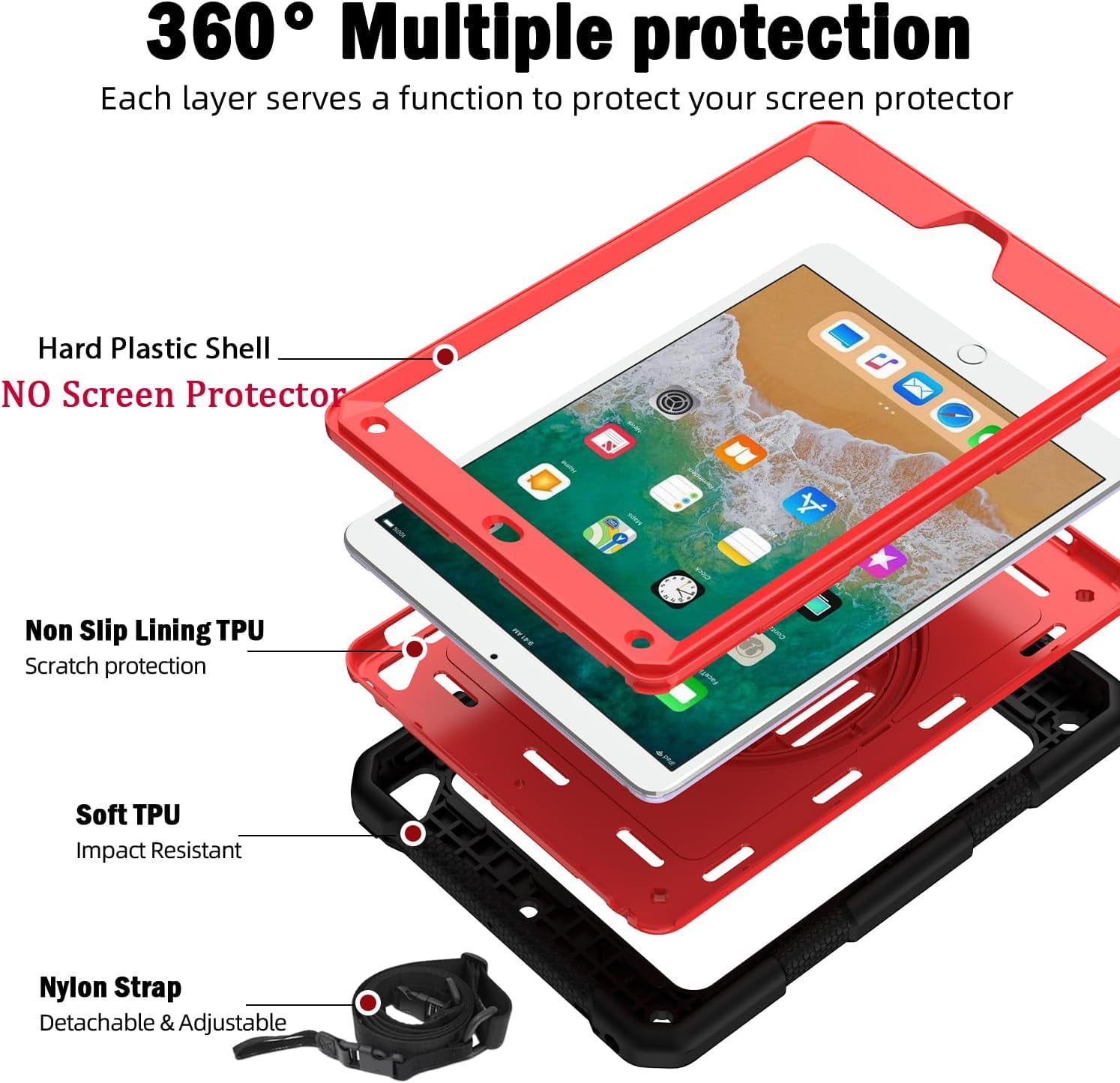 BMOUO iPad 6th / 5th Generation Case,iPad 9.7 2018/2017 Case,iPad Air 2 Case,3 Layer Shockproof [360 Swivel Stand][Hand Strap][Pencil Holder] Kids Case for iPad 9.7 Inch 2018/2017 - Black+Red