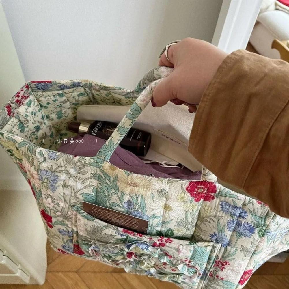 Boho Fabric Storage Basket, Boho Floral Laundry Baskets, Collapsible Bohemian Style Puffer Quilted Tote, Large Capacity Spring Vintage Storage Bag Organizer with Handle & Front Pocket