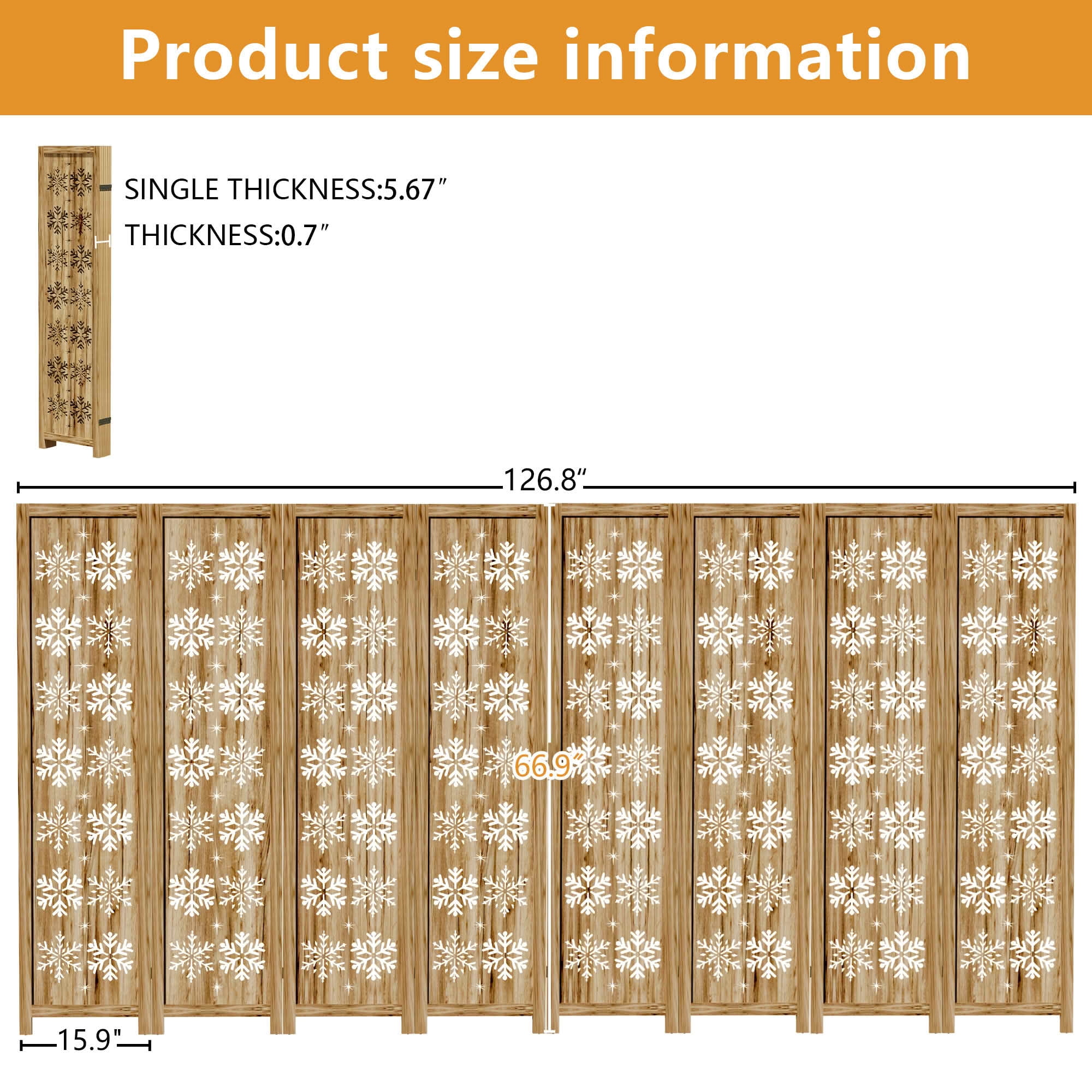 MAYEERTY 127x1x67 Inch Natural Charcoal Snowflake Wooden Folding Privacy Screen, 8 Panel Set for Home & Patio