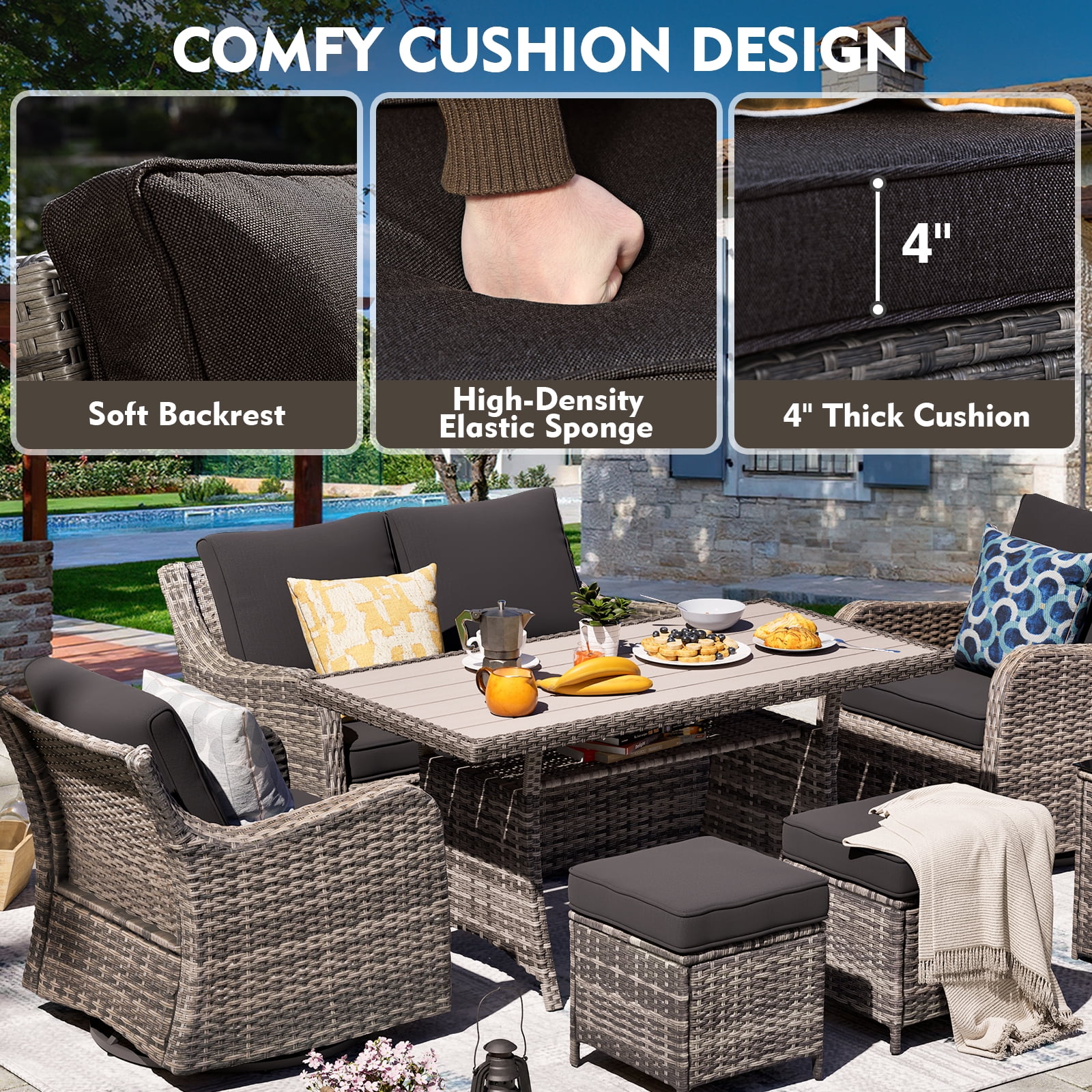 MEISSALIVVE 7 Pieces Patio Furniture Set with Dining Table, Outdoor Wicker Conversation Set with 2-Seat Sofa, Wicker Armrest Swivel Chairs, 2 Ottomans, Black