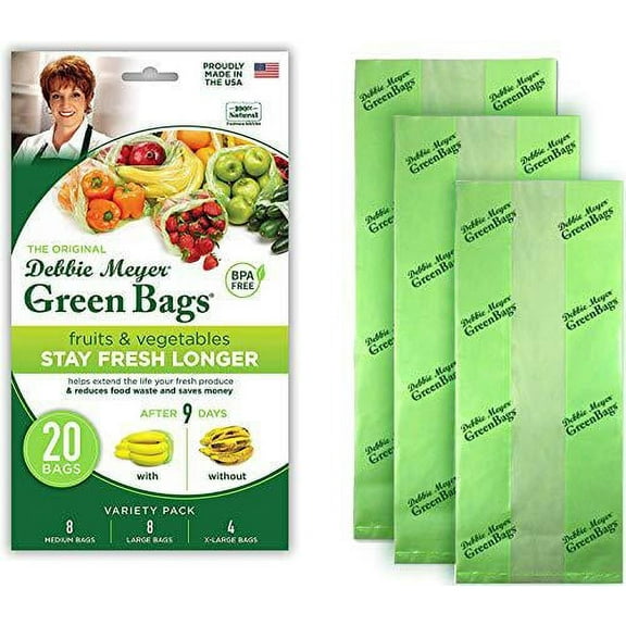 Debbie Meyer GreenBags, Keeps Fruits, Vegetables, and Cut Flowers, Fresh Longer, Reusable Storage Bag, 20-Pack