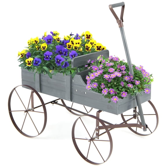 Gymax Wooden Garden Flower Planter Wagon Plant Bed W/ Wheel Garden Yard Gray