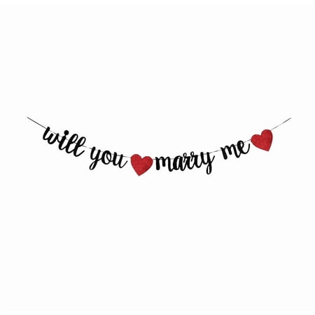 Will You Marry Me Banner, Black Script with Red Glitter Hearts, Proposal Party Decoration