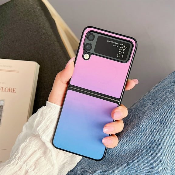 Case for Galaxy Z Flip 4 6.7" 2022, Gradient Premium Hard Tempered Glass Ultra-slim Anti-scratch Stylish Lightweight Anti-drop Shockproof Shell for Galaxy Z Flip4, Pink/Blue