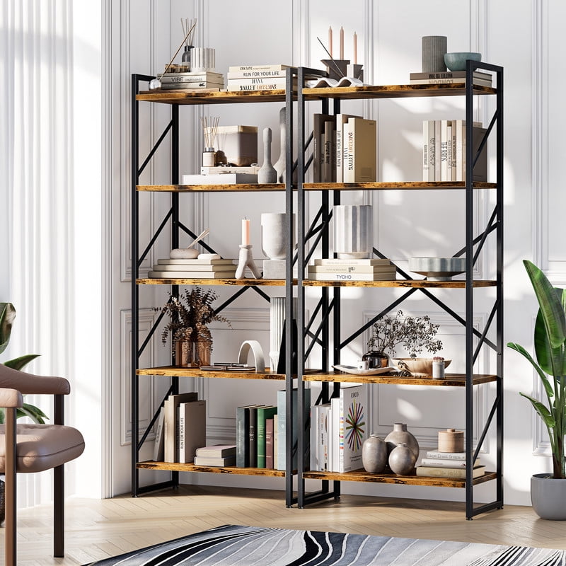 Walsunny Bookshelves Wooden Bookcases 5 Tiers H-Shaped Bookshelf with 5 Open Display Shelves Brown