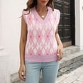 thumbnail image 5 of Womens Sweaters Retro Diamond Grid V Neck Sleeveless Knit Vest Preppy Style Soft Skin Friendly Versatile Top Pink L, 5 of 7