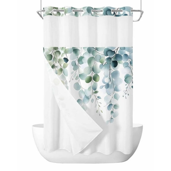 No Hook Cloth Fabric Shower Curtain with Snap in Liner, Teal Green Eucalyptus Leaves Waterproof Shower Curtains Set with See Through Top Window, Farmhouse Botanical Bath Curtains Shower 54"x78"