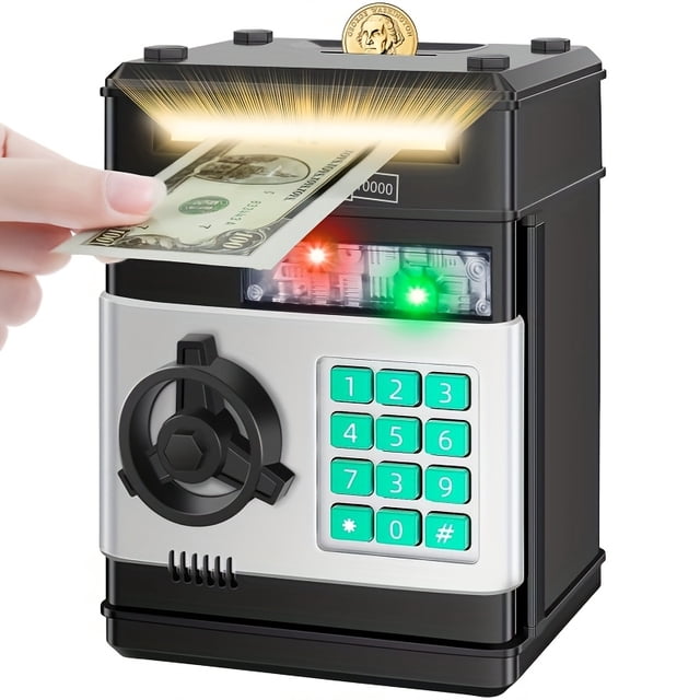 HLONK Interactive Youngsters‘ ATM Penny Bank with Password Lock - Automatic Cash & Coin Saver Black Plastic Money Storage Box Perfect Gift for Youngsters to Develop Saving Habits Fun S