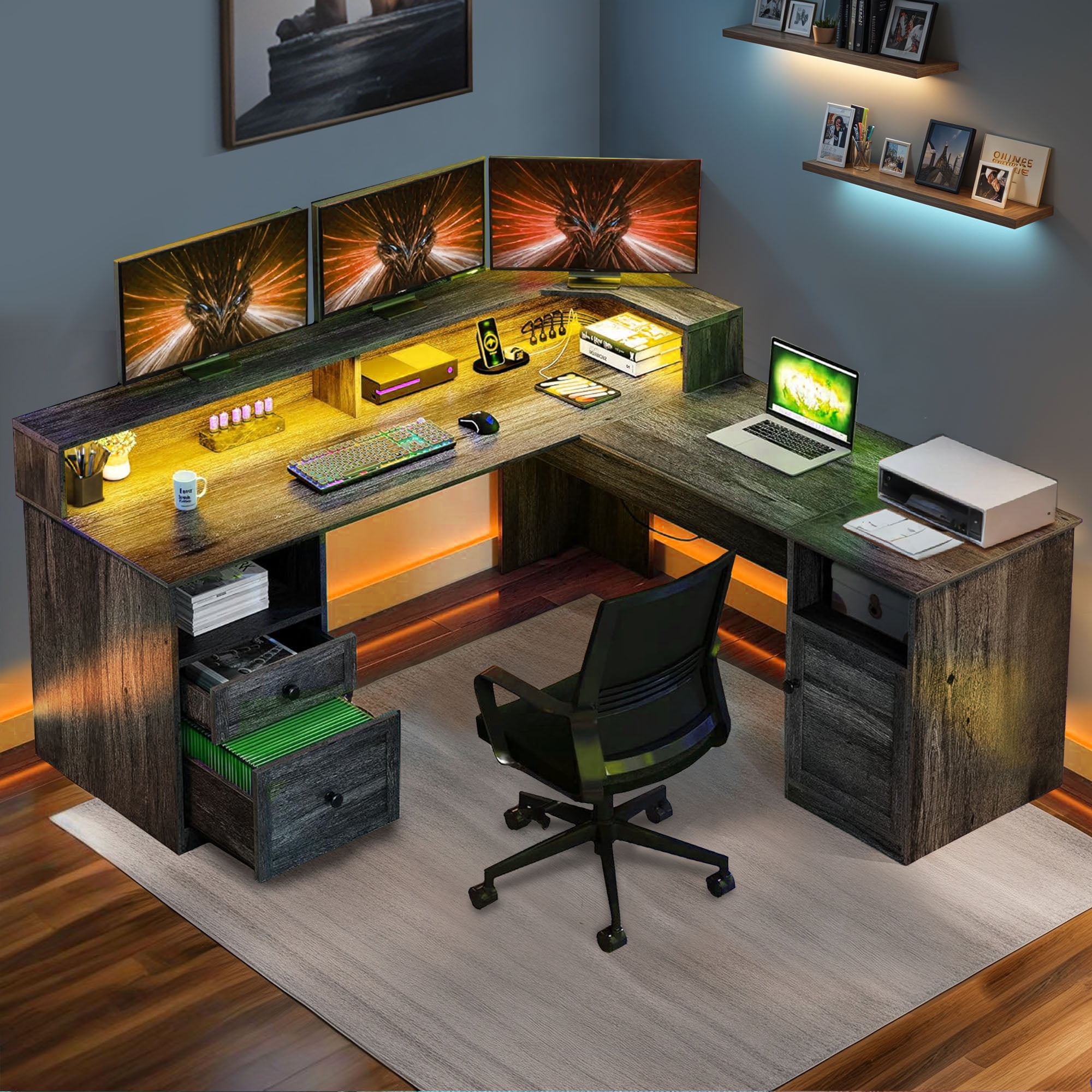 ModFusion L Shaped Desk with Charging Station, Storage Shelves, Drawers & File Cabinet, 60" Adjustable Lift Top Corner Computer Desk with Monitor Stand, Wood Gray
