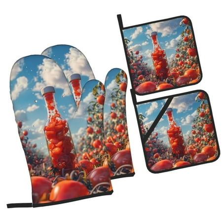 

Pofeuu Tomato Field Bottle Print Oven Mitts and Pot Holders 4 pcs Set High Heat Resistant 500 Degree Extra Thicken Long Kitchen Cotton Oven Glove for Cooking