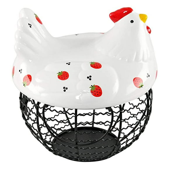 Chicken Egg Basket for Egg Storage Ceramic and Iron Decorative Basket with Chicken Design Farmhouse Kitchen Decor