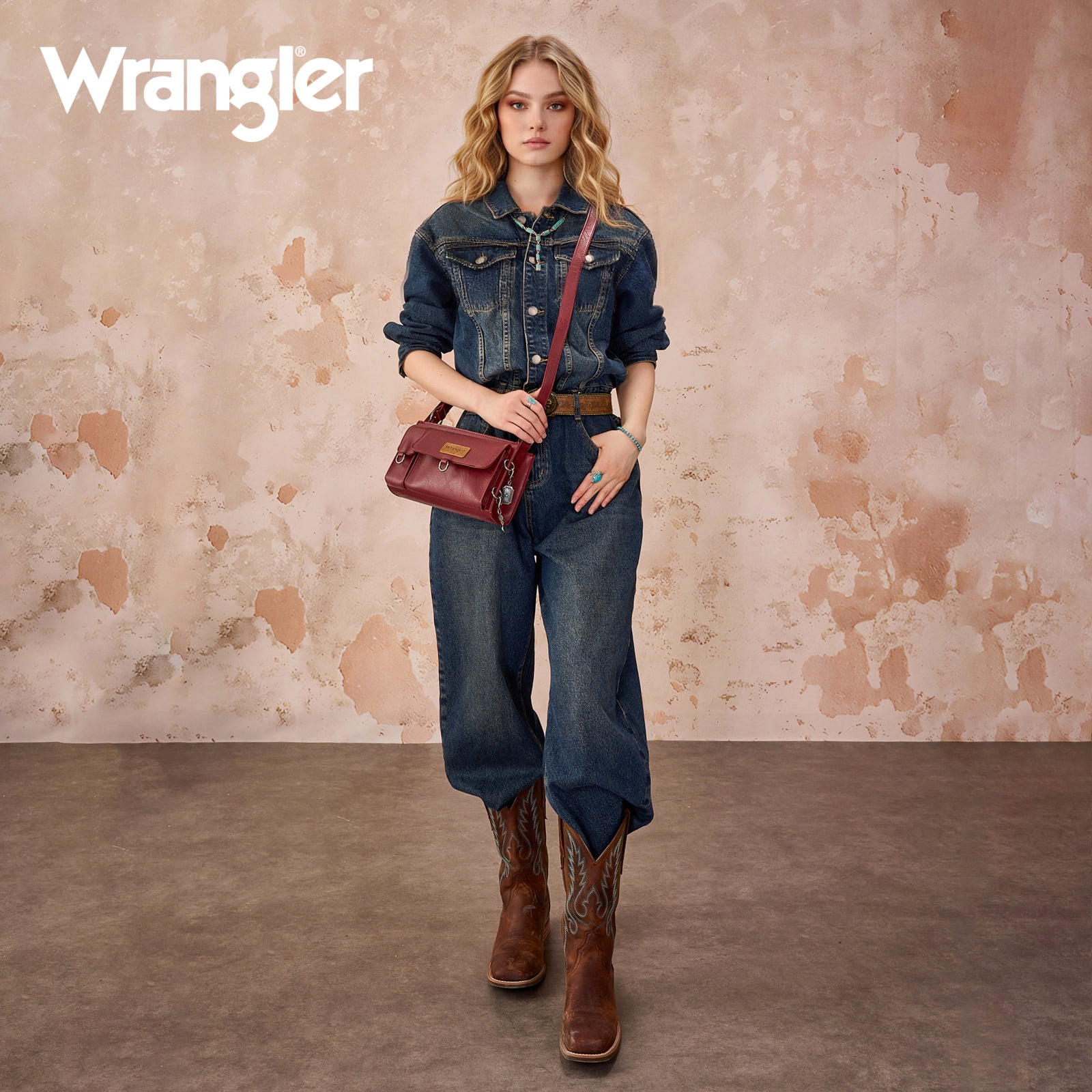 Wrangler Y2K Purse Small Shoulder Bag for Women Stylish Western Design with Detachable Charms Multiple Pockets, Burgundy