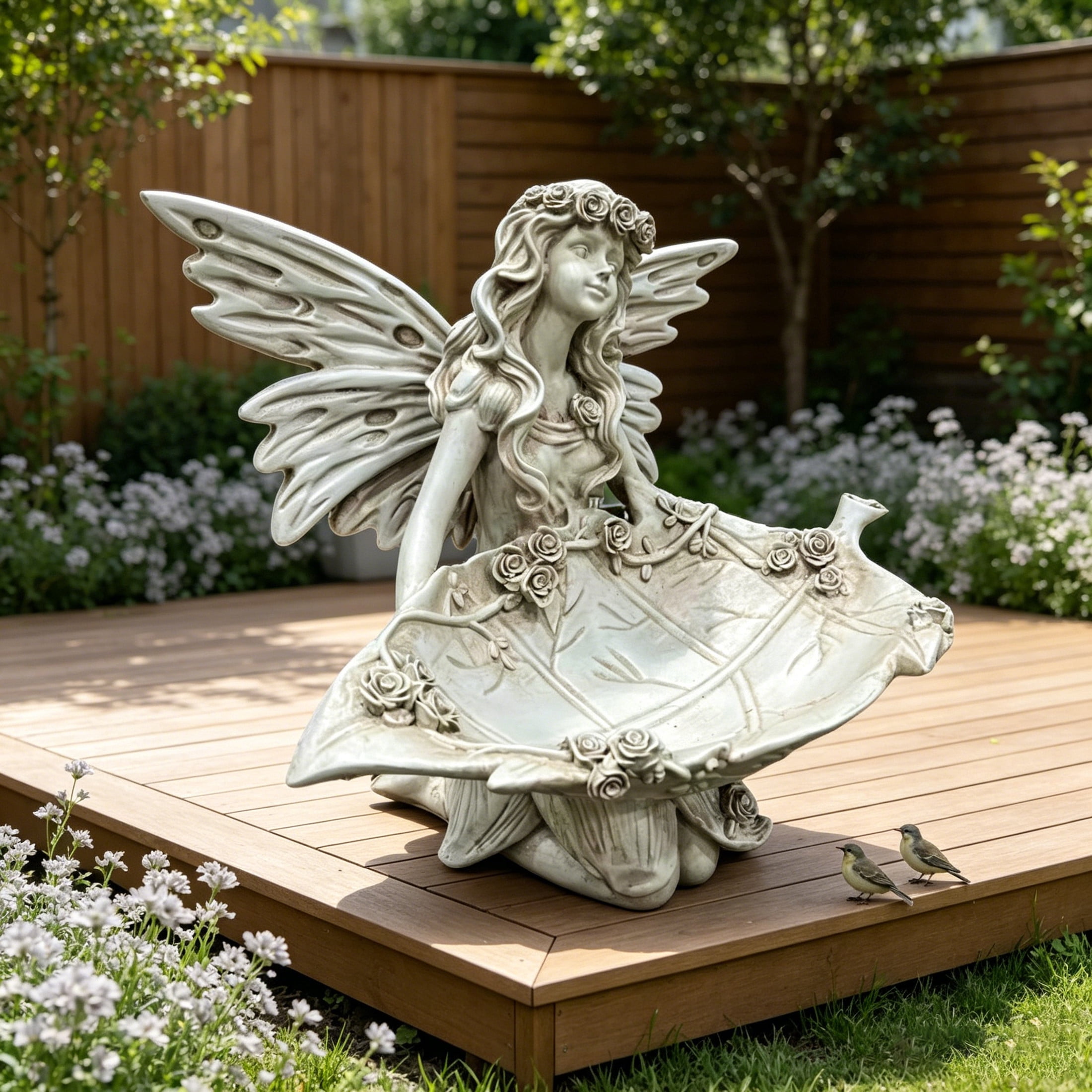 GDF Studio Fairy Angel Garden Statue with Leaf Tray, Vintage Off-White Resin Sculpture Figurine, Outdoor Yard Lawn Decor