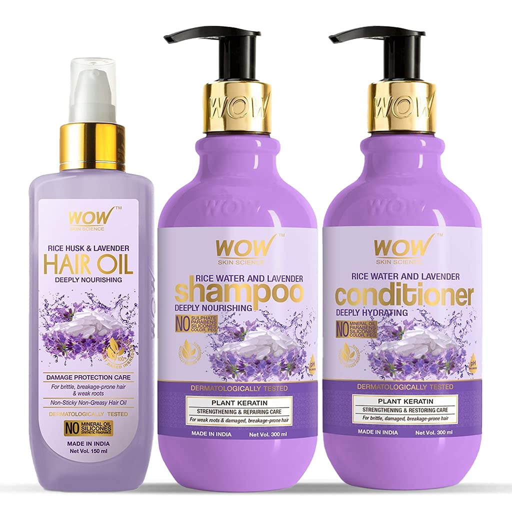 WOW Skin Science Rice Water & Lavender Ultimate Hair Care Kit - consists of  Shampoo + Hair Conditioner + Hair Oil - Net Vol 750 ml 