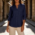thumbnail image 6 of Perfectbot Women's Collarless Button Down Shirt, 3/4 Sleeve Cotton Linen Tunic Blouse with Curved Hem, 6 of 8