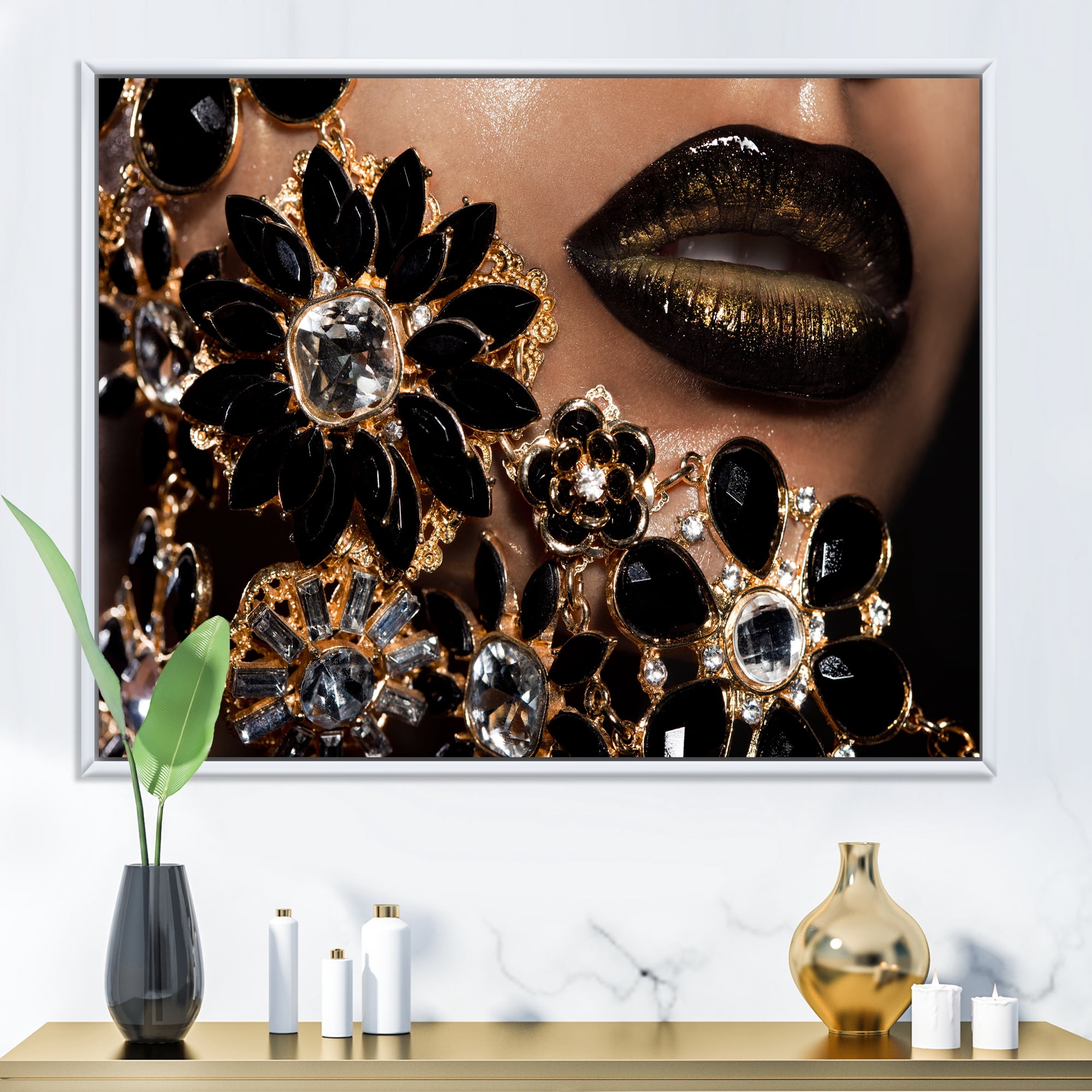 Designart 'Woman Lips With Golden Jewelry' Modern Framed Canvas Wall Art Print