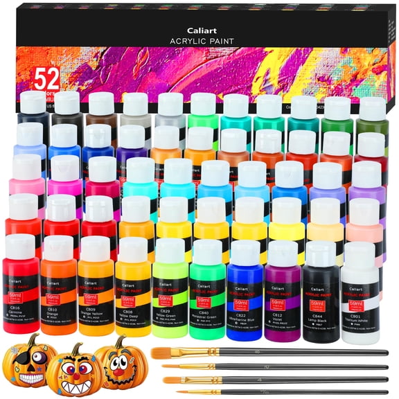 Caliart ACRYLIC PAINT SET With 4 Brushes 52 Colors 59ML 2OZ - MULTICOLOR