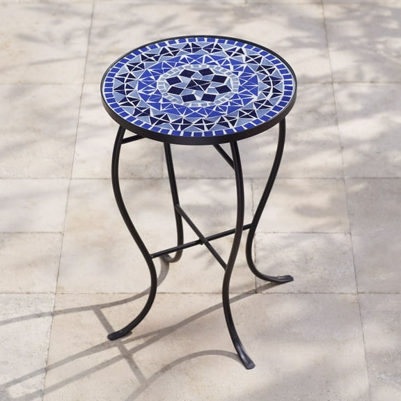 Teal Island Designs Modern Black Round Outdoor Accent Side Table 14" Wide Light Blue Mosaic Tabletop Front Porch Patio Home House Balcony