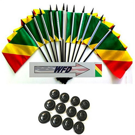 Pack of 12 4"x6" Republic of The Congo Polyester Miniature Office Desk & Little Table Flags, 1 Dozen 4"x 6" Congolese Small Mini Handheld Waving Stick Flags with 12 Flag Bases (Flags with Stands)