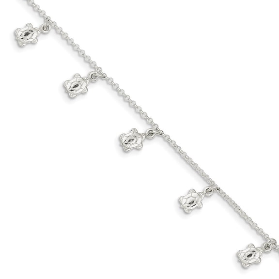 Sterling Silver Polished Turtle With 1inch Ext. Anklet - 4.5 Grams - 9 Inch - Measures 6mm Wide