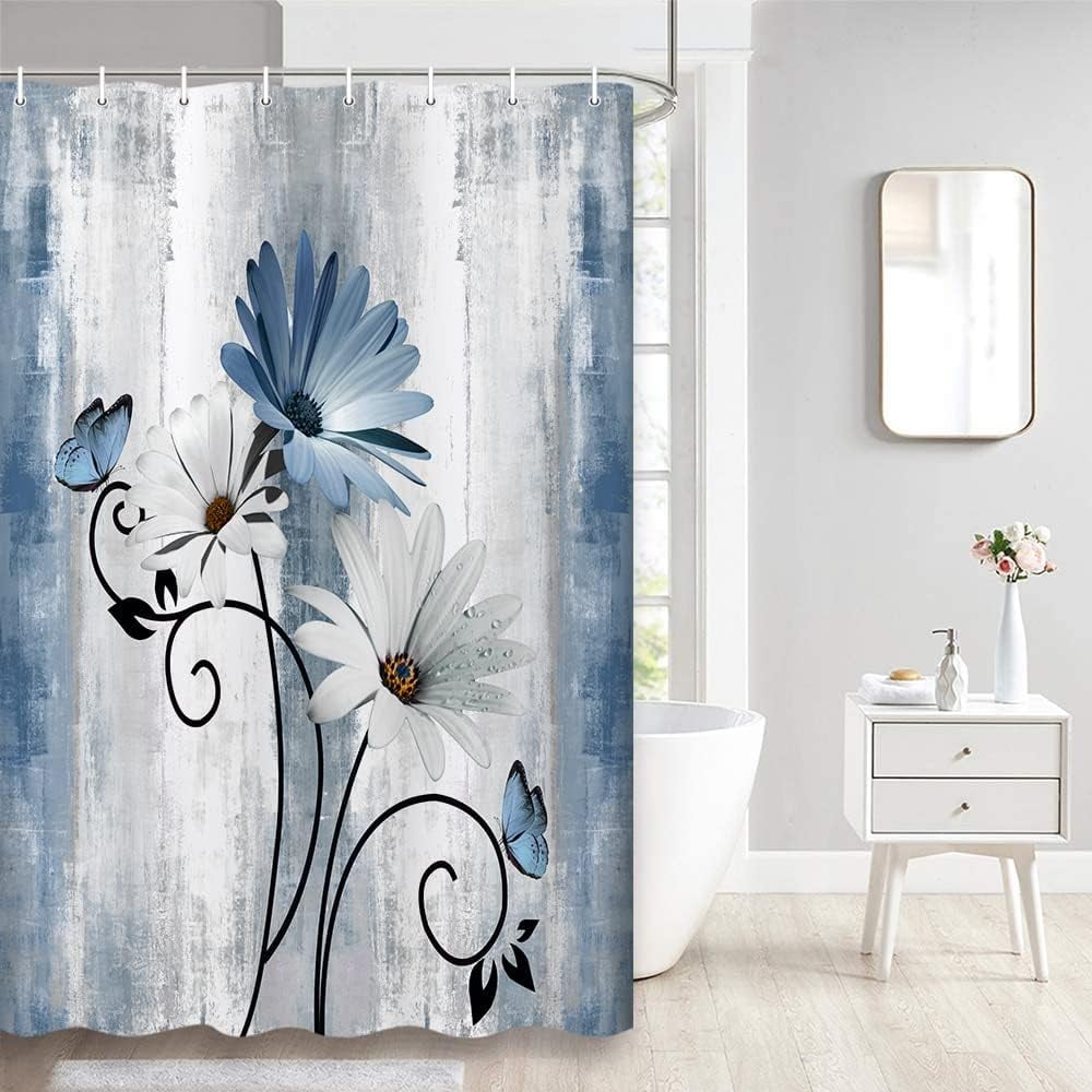 Rustic Farmhouse Shower Curtain, Farm Blue Daisy Floral Flowers and Butterfly on Country Wooden Shower Curtain for Bathroom, Turquoise Blue Bathroom Shower Curtains with 6PCS Hooks, 36X72IN