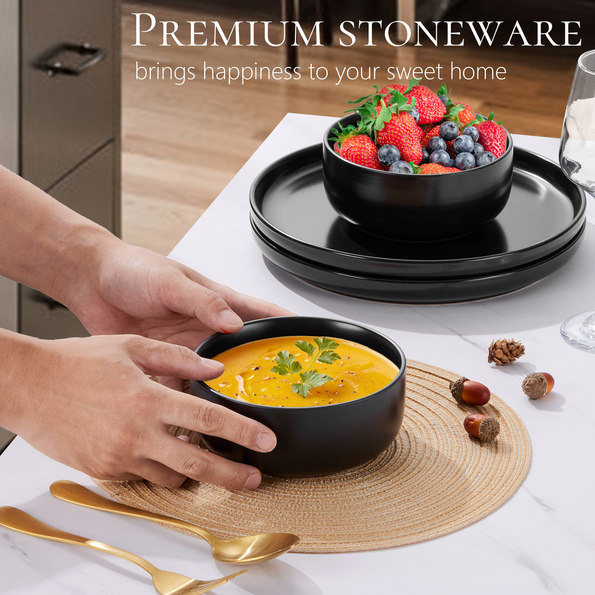 Vesteel Stoneware Dinnerware Set for 4, 12-Piece, Matte Black photo 6
